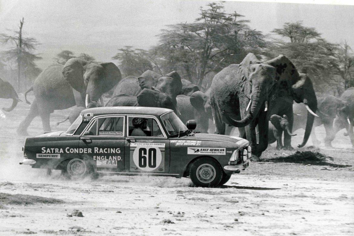 Racing history: a Moskvich 1500 outruns dust and elephants, Safari Rally 1975.